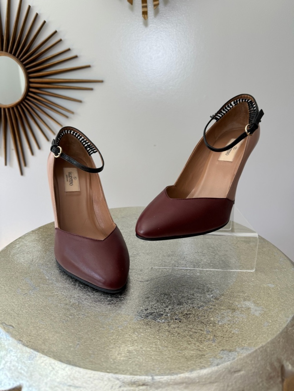 Valentino Garavani -Burgundy & Nude Leather Pointed Pumps with Black Ankle Strap